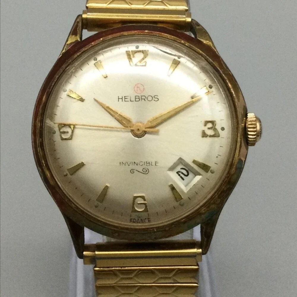 Vintage Helbros Invincible Mens Watch 33mm Champagne Dial Date Anti-Magnetic